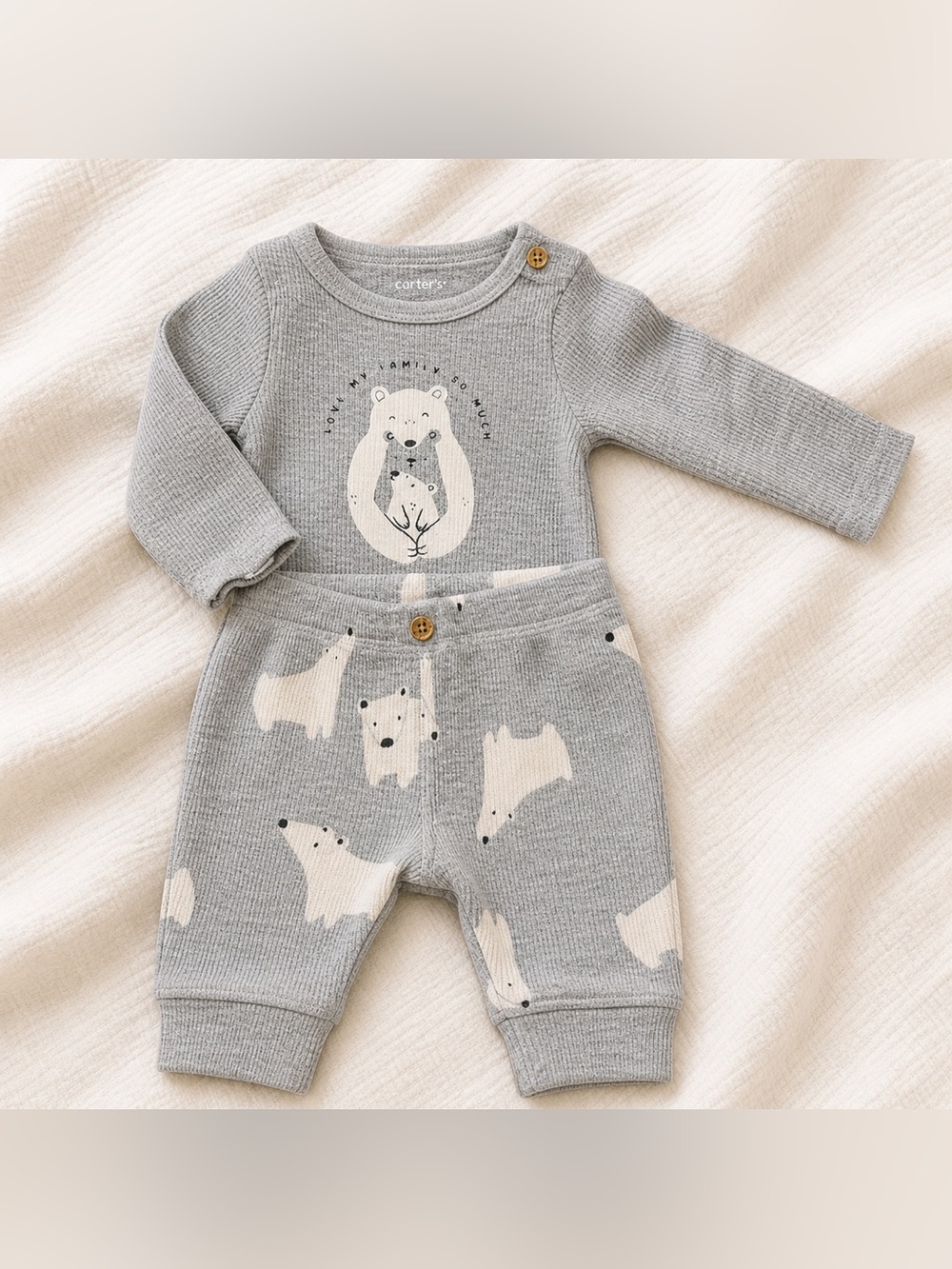 Carter’s 2 Piece Baby Outfit 0-3M Gray Bear Set NWOT Long Sleeve Unisex